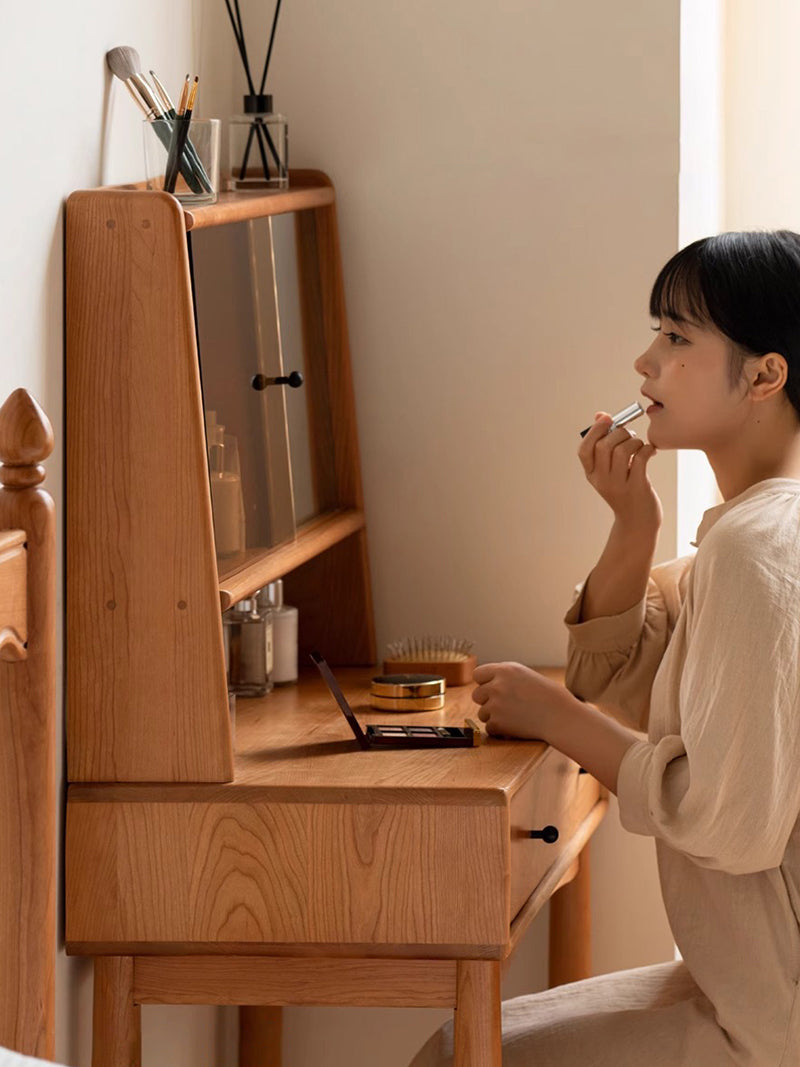 实木化妆桌小户型卧室小型复古樱桃木多功能收纳梳妆台