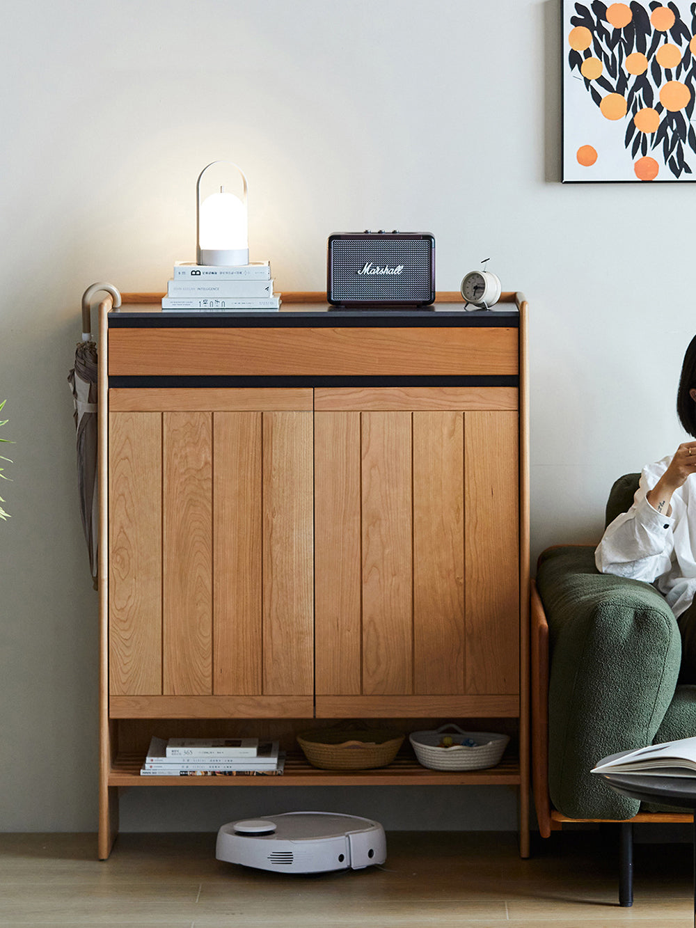 cherry wood solid wood entryway shoe cabinet with rattan doors 櫻桃木實木藤編門玄關鞋櫃