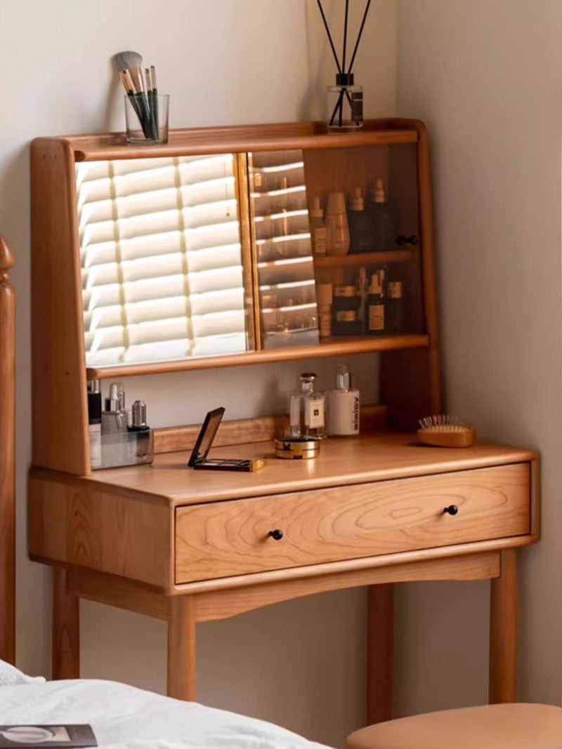 實木化妝桌小型復古櫻桃木多功能收納梳妝台
