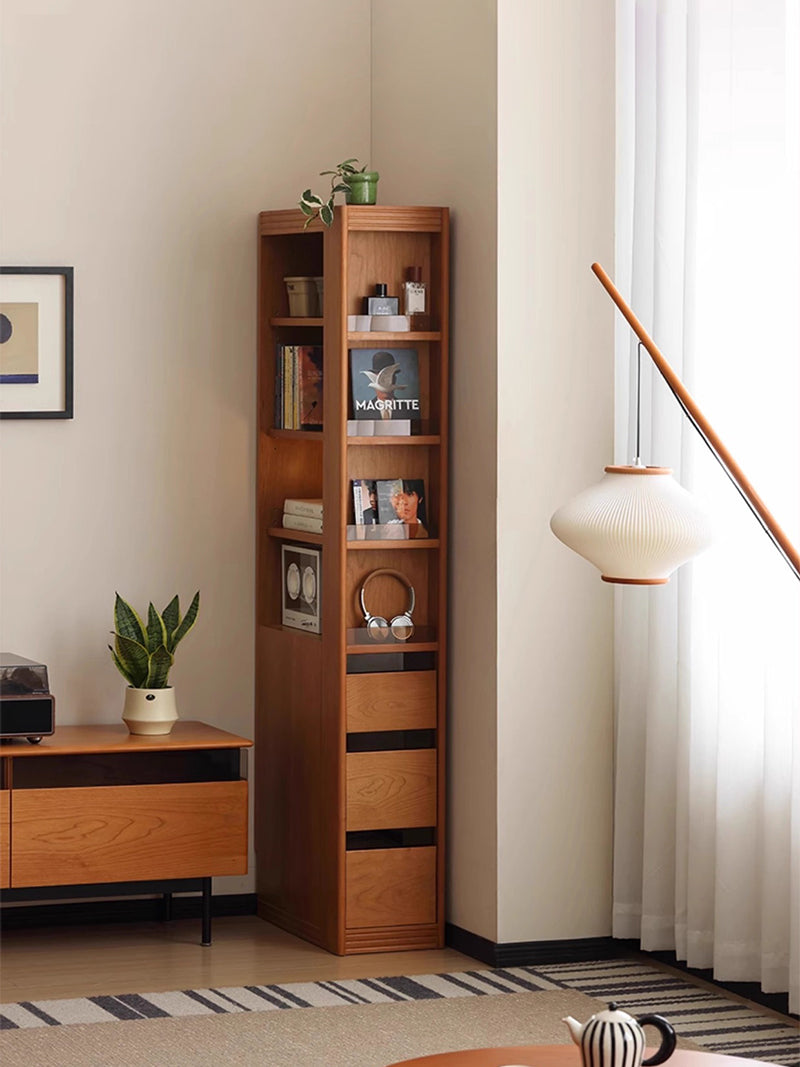 转角书柜实木极窄置物高窄书架樱桃木落地夹缝收纳柜