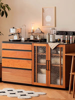 solid wood sideboard with glass door cabinet and open shelves 具玻璃門與開放層板的實木餐邊櫃 展示杯盤與餐具