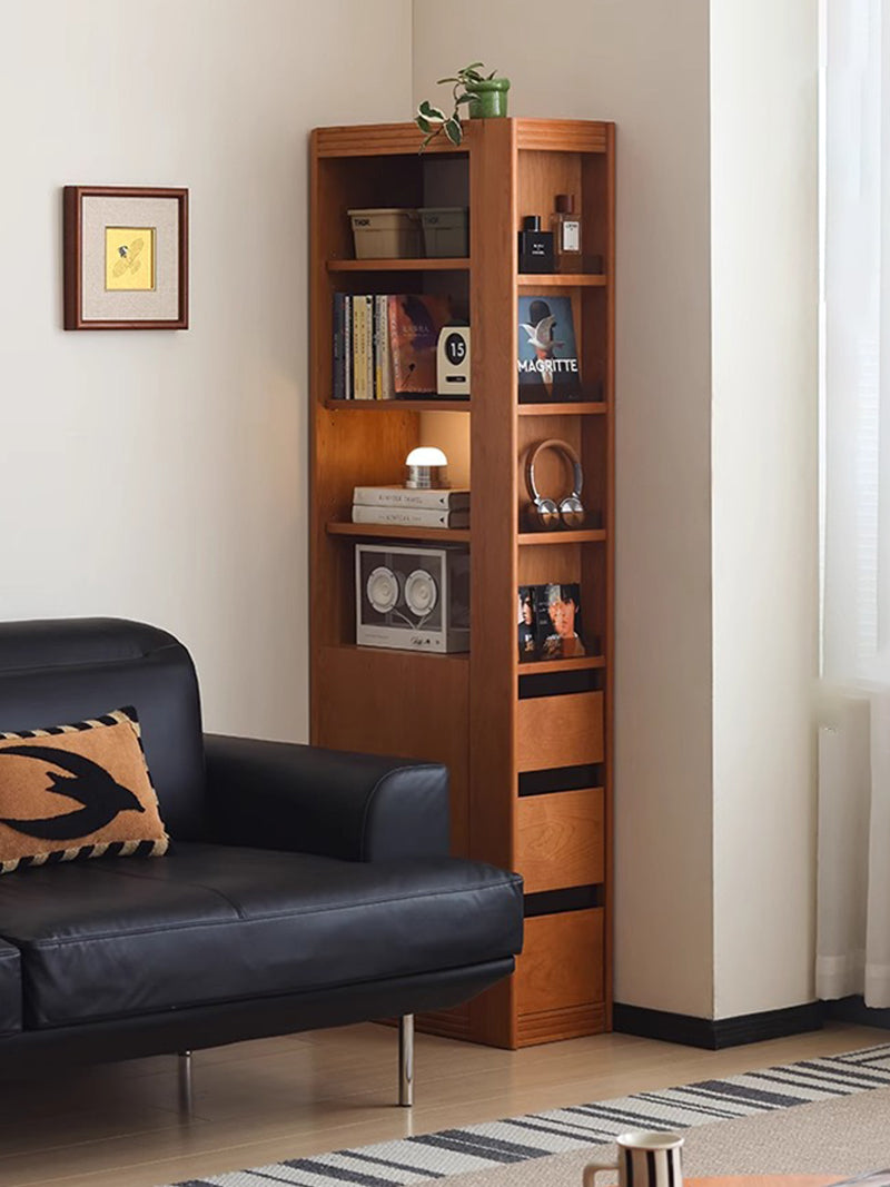 轉角書櫃實木極窄置物高窄書架櫻桃木落地夾縫收納櫃