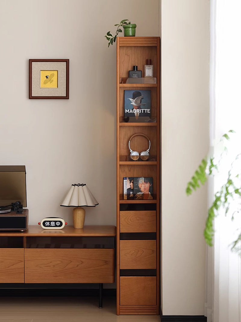 轉角書櫃實木極窄置物高窄書架櫻桃木落地夾縫收納櫃