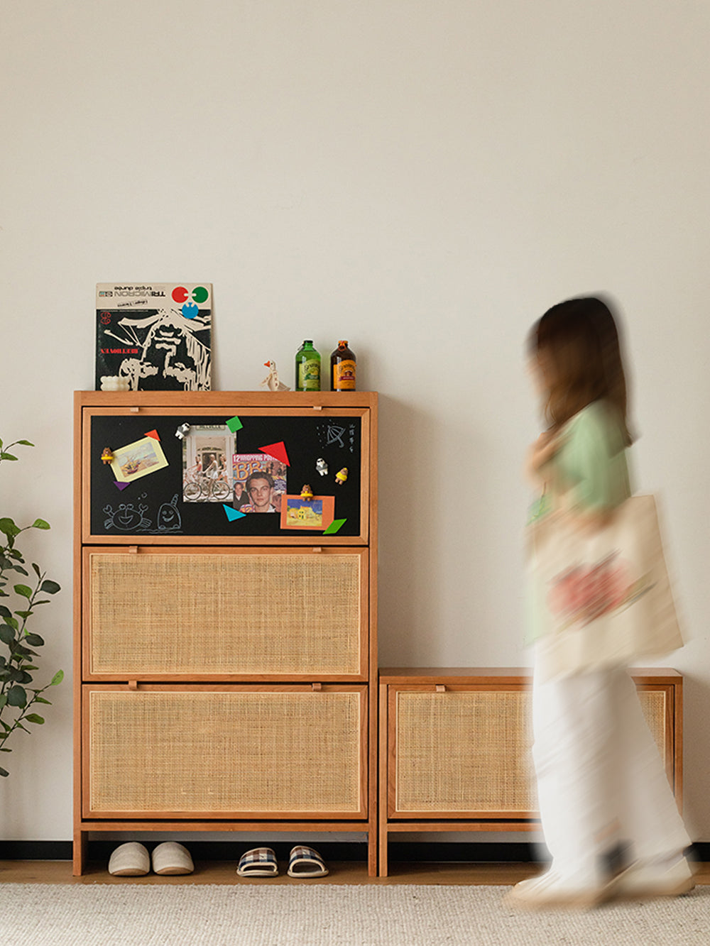solid wood rattan door shoe cabinet bench for small entryway 櫻桃木實木藤編門鞋櫃凳 適合小戶型玄關