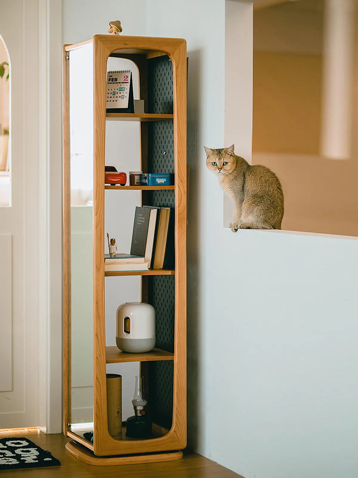 玄關區域搭配櫻桃木實木旋轉穿衣鏡與收納層架