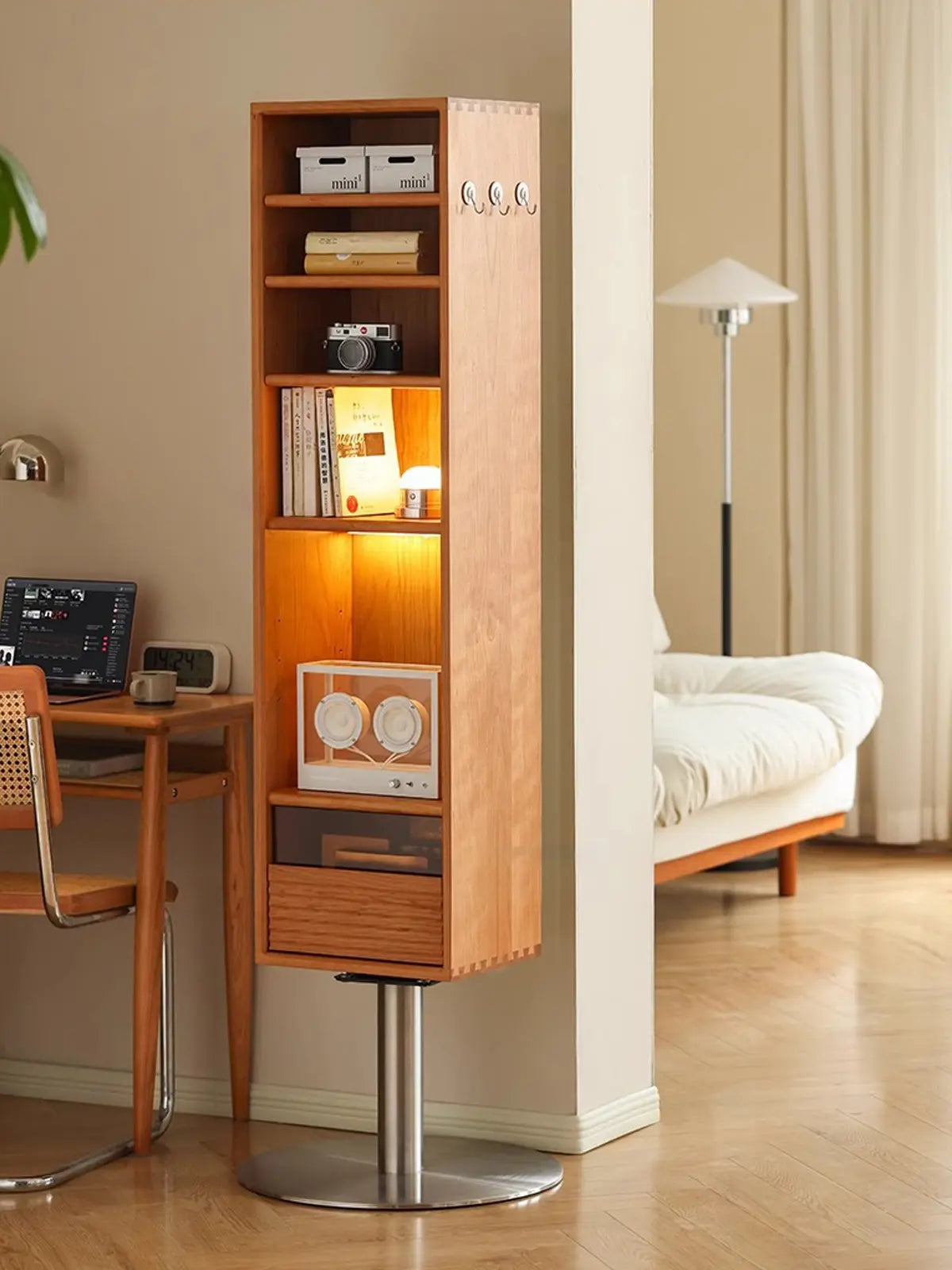 櫻桃木實木旋轉穿衣鏡與收納櫃整體正面圖